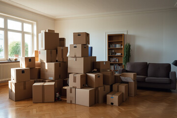 Relocation concept. A pile of cardboard boxes in an empty apartment. AI generated.