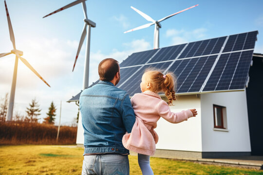 Dad and daughter are standing near the house with installed solar panels. On the back board are wind turbines. Renewable green energy concept. AI generated.