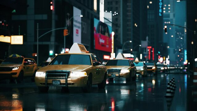 Busy traffic jam in the city. Rainy evening weather in a big city. Busy taxi traffic road.