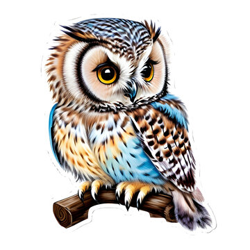 cartoon style cute baby owl on a piece of wood -Generative Ai-