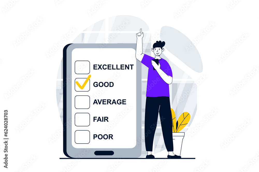 Poster feedback page concept with people scene in flat design for web. man choosing good evaluation in ques