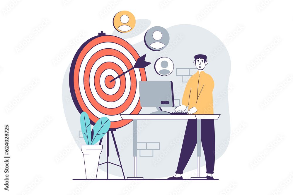 Poster focus group concept with people scene in flat design for web. man creating advertising campaign for 