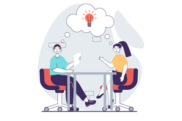Focus group concept with people scene in flat design for web. Man and woman discussing, generating ideas and brainstorming at meeting. Illustration for social media banner, marketing material.