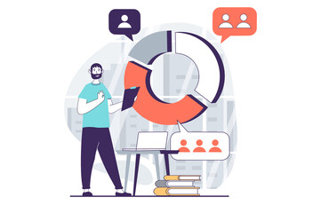 Focus group concept with people scene in flat design for web. Man works with pie chart with different data, analyzing target audience. Illustration for social media banner, marketing material.