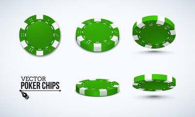 Poker chips in different position. Green chips isolated on light background. Vector illustration.