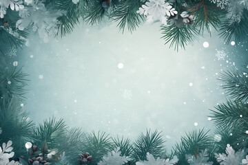 Fototapeta na wymiar Green christmas background with christmas tree pine trees and snowflakes. Generative AI
