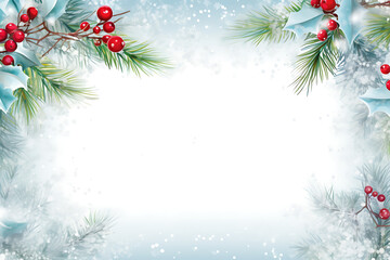 Christmas background with pine tree mistletoe branches and snowflakes. Generative AI