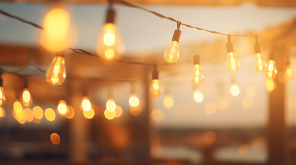 Lightbulbs during sunset with string lights decor in beach restaurant. Generative AI