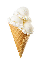 Vanilla ice cream with lot of scoops served on a waffle sugar cone isolated. Transparent PNG image.