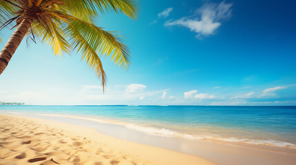 Fototapeta na wymiar Summer ocean beach with palm trees background. Generative AI
