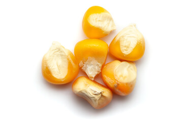 Close-up of Dried Organic Corn, Maize (Zea mays) seeds isolated on white background. Top view.