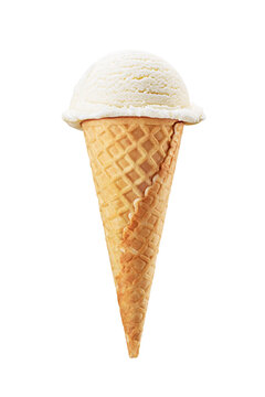 One vanilla ice cream in a crispy waffle sugar cone isolated. Transparent PNG image.