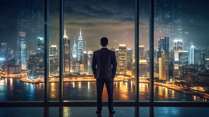 Plakat businessman standing in the business building with city night skyline view 
