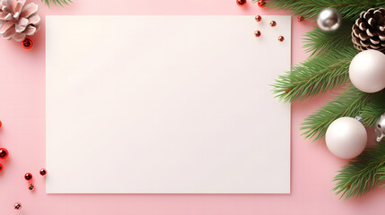 Naklejka na ściany i meble Pink festive christmas card background with christmas tree and balls decorations. Generative AI