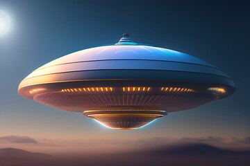 UFO flying over planet Earth, mountain. starry night sky background. saucer flies at night in sky. Invasion of extraterrestrial intelligence on an intergalactic ship. Alien abduction. Generative AI