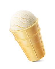 One vanilla ice cream in a crispy waffle sugar cone or cup. Transparent PNG image.