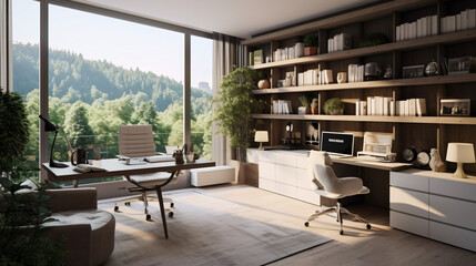 3D Render: Organized home office with modern design and natural light.
Generative AI