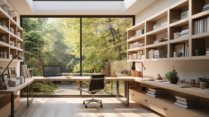 Fototapeta na wymiar 3D Render: Organized home office with modern design and natural light. Generative AI