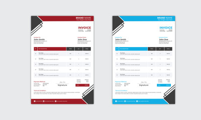 A bundle of 2 templates of different colors. Modern and creative invoice layout. Invoice minimal design template. Bill form business invoice accounting.Company business invoice template.