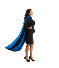 businesswoman with a cloak acts like a super hero