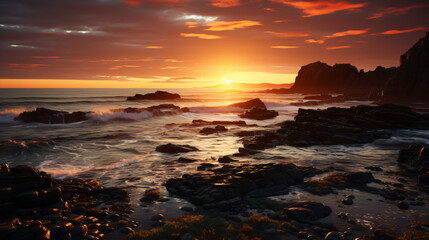 Obraz premium 3D Render: Breathtaking spectacle of a sunrise over the sea. Generative AI