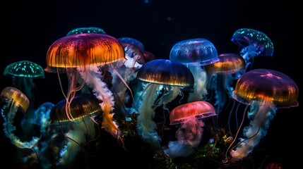 Jellyfish on a dark background. Generative AI	