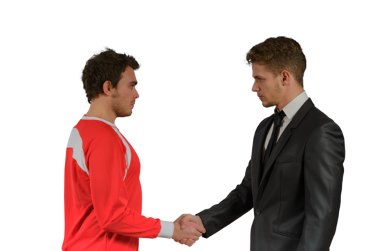Football market with soccer player handshaking with manager