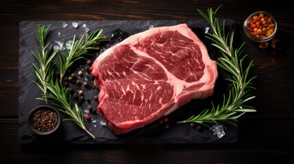 Raw rib eye steak, beef marbled meat on wooden board with rosemary. Generative AI