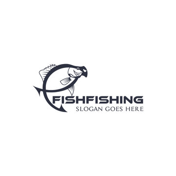 The fishing fish logo is simple and clear, featuring a hopping fish with its mouth open and a fishing hook-shaped tail.