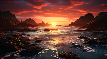 Fototapeta premium 3D Render: Breathtaking spectacle of a sunrise over the sea. Generative AI