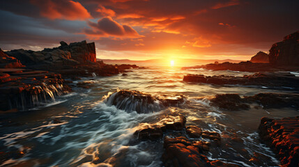 Fototapeta premium 3D Render: Breathtaking spectacle of a sunrise over the sea. Generative AI
