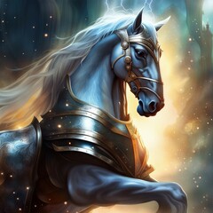 Obraz na płótnie Canvas A horse in medieval armor. Fantasy-style.