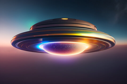 UFO flying over planet Earth, mountain. starry night sky background. saucer flies at night in sky. Invasion of extraterrestrial intelligence on an intergalactic ship. Alien abduction. Generative AI