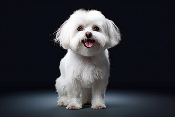 Studio shot of a cute Maltese dog standing on black background. selective focus.