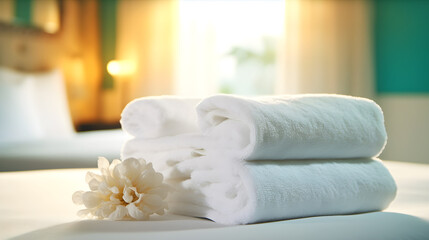 Obraz na płótnie Canvas White towel on the hotel bedroom 
