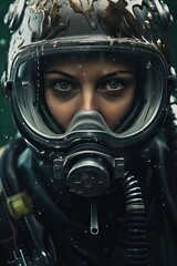 Deep sea industrial diver close-up. Close-up portrait of a woman in scuba gear. The scourer looking at camera.