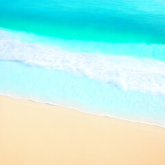 waves on the beach, abstract sand beach from above with light blue transparent water wave and sun lights, summer vacation background concept banner with copy space, natural beauty  ,  AI generated