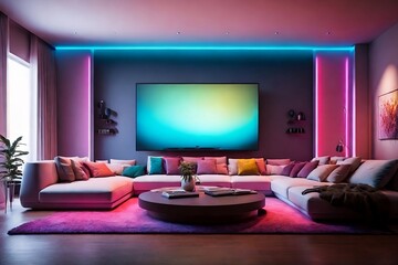 Home cinema, living room with colored LED lighting - Smart home. AI
