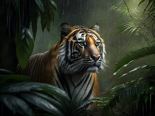 Tiger in the jungle, Rain forest, wildlife photography -Generative Ai-
