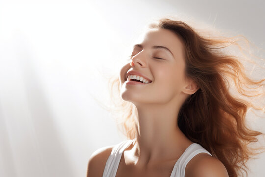 Radiant woman basking in sunlight, white background, happy woman Generative AI