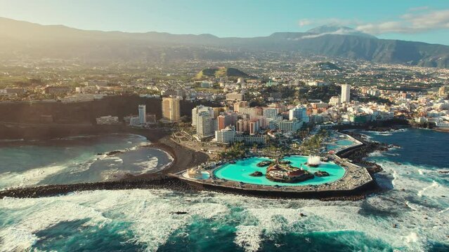 Aerial view of Puerto de la Cruz cityscape with, Tenerife, Spain.