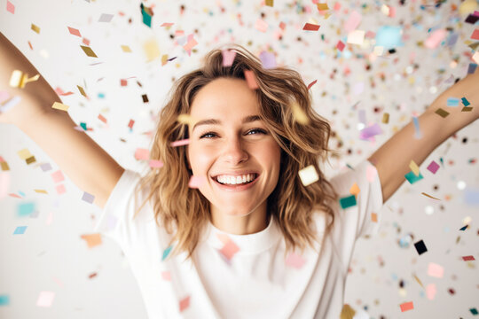 Woman surrounded by colorful confetti, white background, happy woman Generative AI