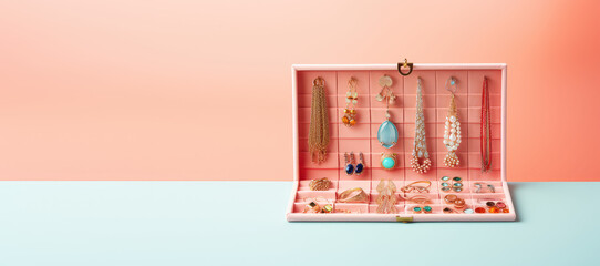 Jewelry in costume jewelry storage case isolated on pastel flat background with copy space. Creative blue pink banner template for jewelry store. Generative AI.