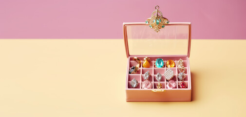 Jewelry in costume jewelry storage case isolated on pastel flat background with copy space. Creative pink banner template for jewelry store. Generative AI.