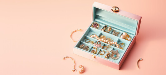 Jewelry in costume jewelry storage case isolated on pastel flat background with copy space. Creative blue pink banner template for jewelry store. Generative AI.