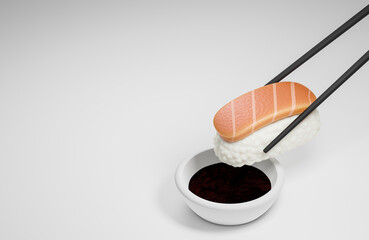 Chopsticks holding sushi and soy sauce on white background. Traditional japanese food.,3d model and illustration.
