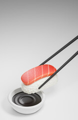 Chopsticks holding sushi and soy sauce on white background. Traditional japanese food.,3d model and illustration.