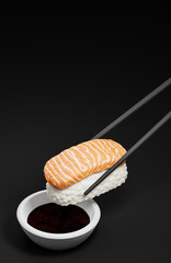 Chopsticks holding sushi and soy sauce on black background. Traditional japanese food.,3d model and illustration.