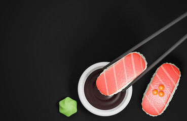 Flat lay chopsticks holding sushi and soy sauce on black background. Traditional japanese food.,3d model and illustration.