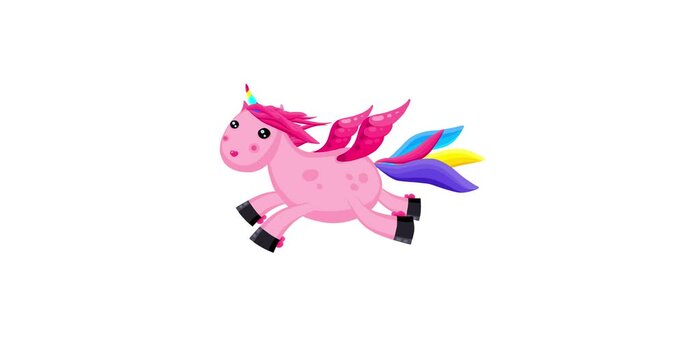 Cartoon isolated pink unicorn flying character isolated. Sweet fantastic pet animal with rainbow tail. Good for any movie, presentation, etc... Funny sweet and cute children animation seamless loop.